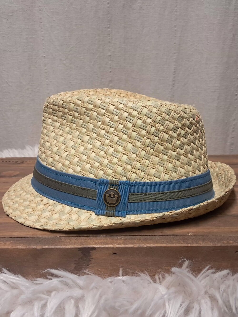 Goorin Bros Straw Fedora with Blue and Olive Band Size L